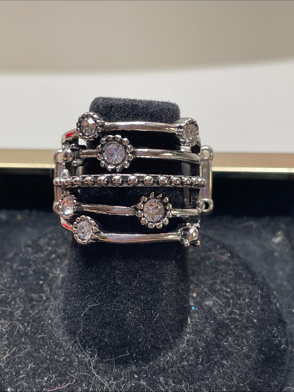 Stretchy Silver-Tone Rhinestone Statement Ring - Silver